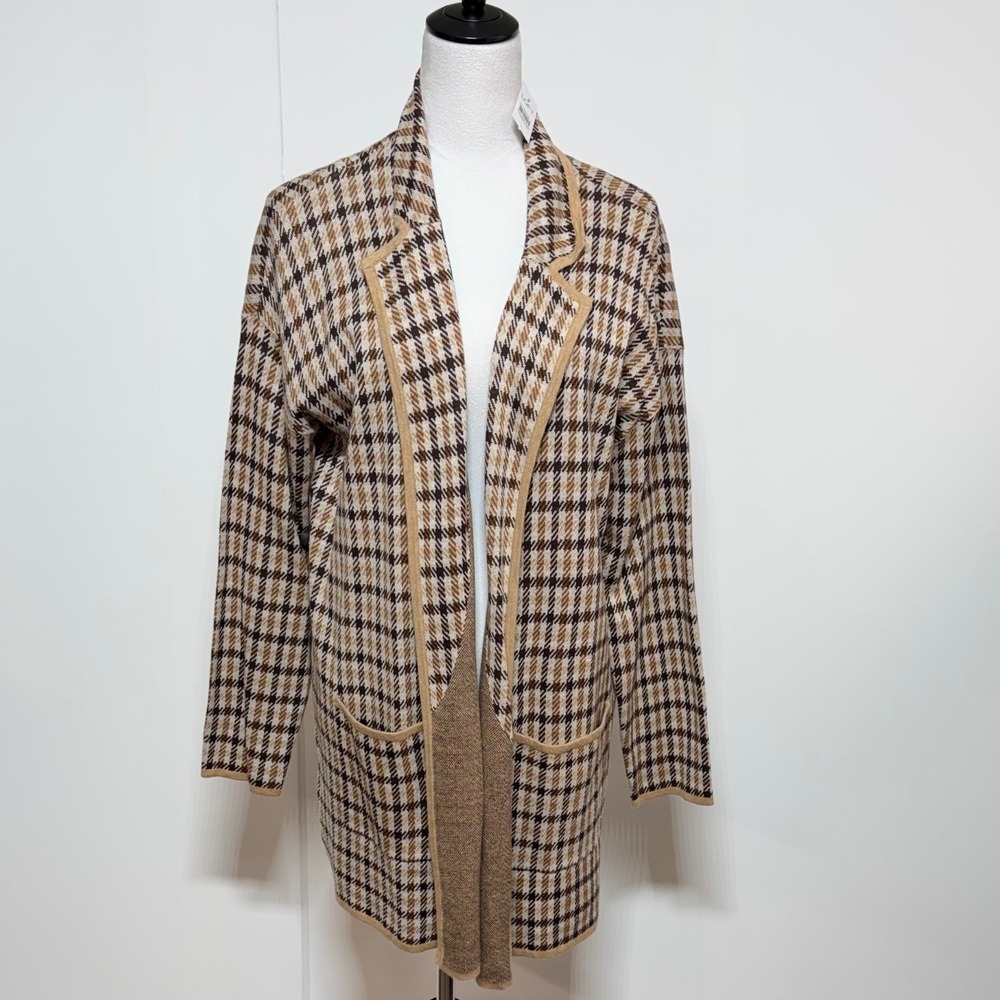 LOFT Cardigan Women Large Brown Plaid‎ Open Front Longline Sweater Jacket New